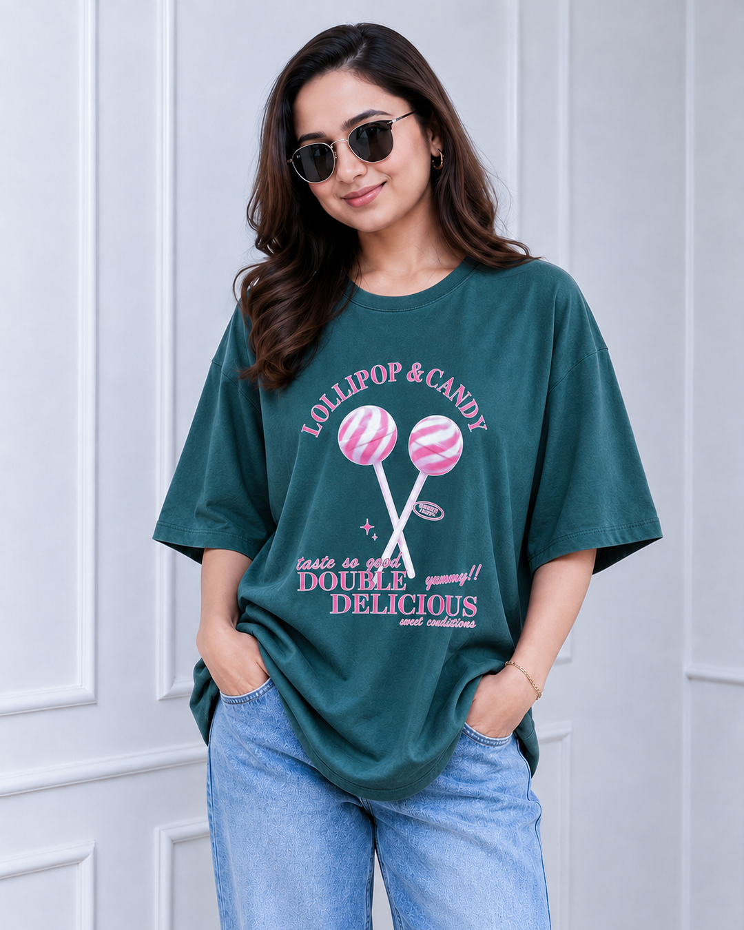 Teal Green Lollipop Graphic Print Long Polo