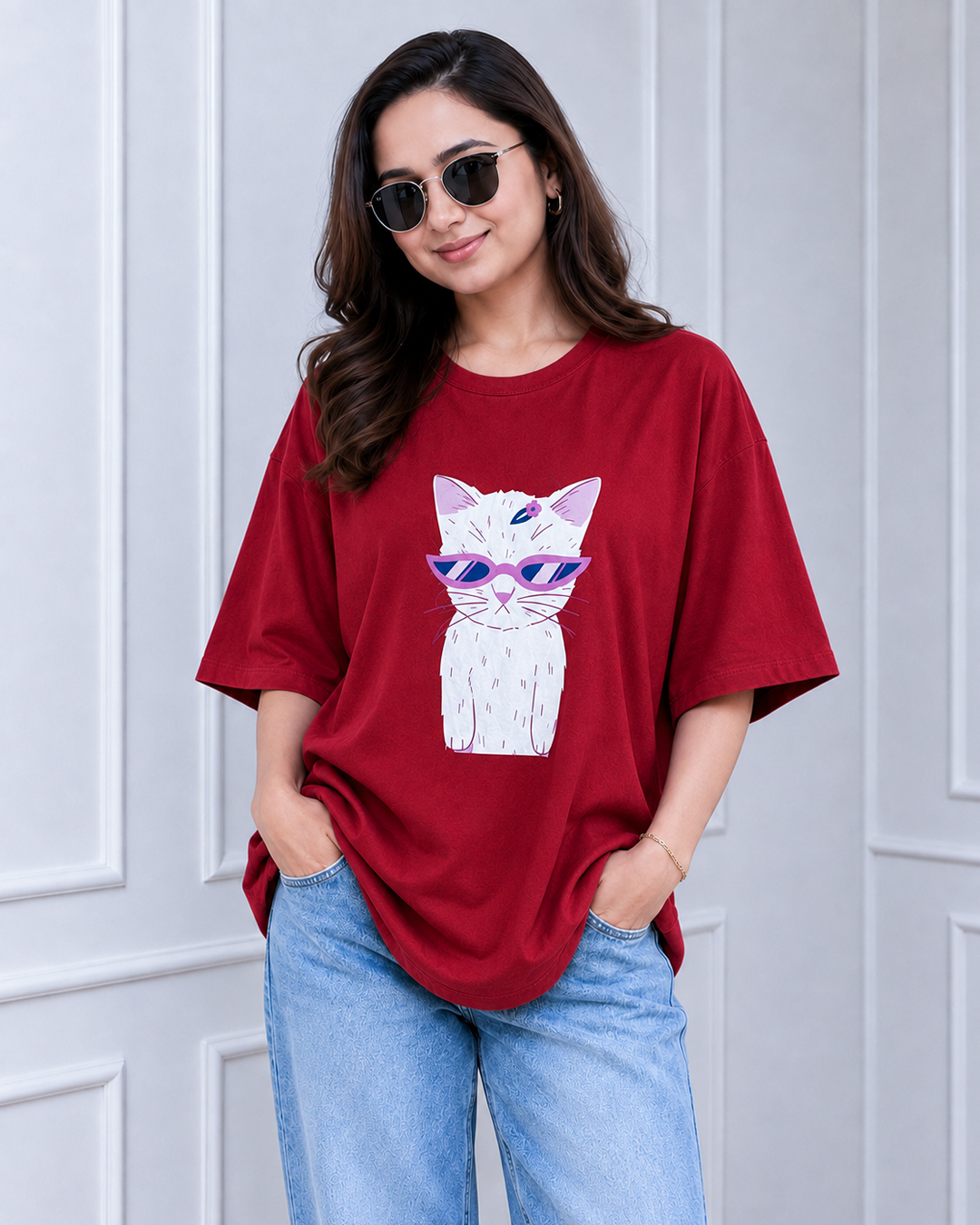 Wine Red Cat Graphic Print Long Polo
