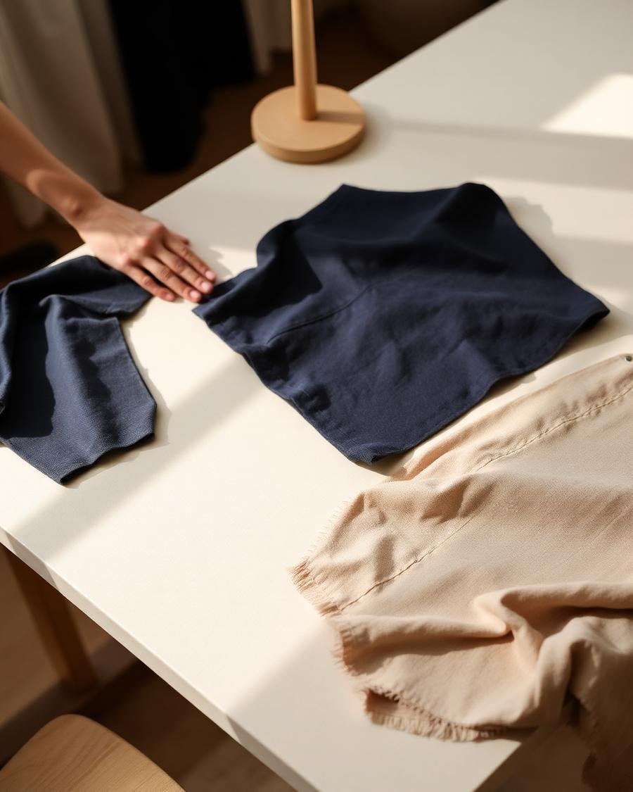 Navy and beige fabric swatches on an atelier table