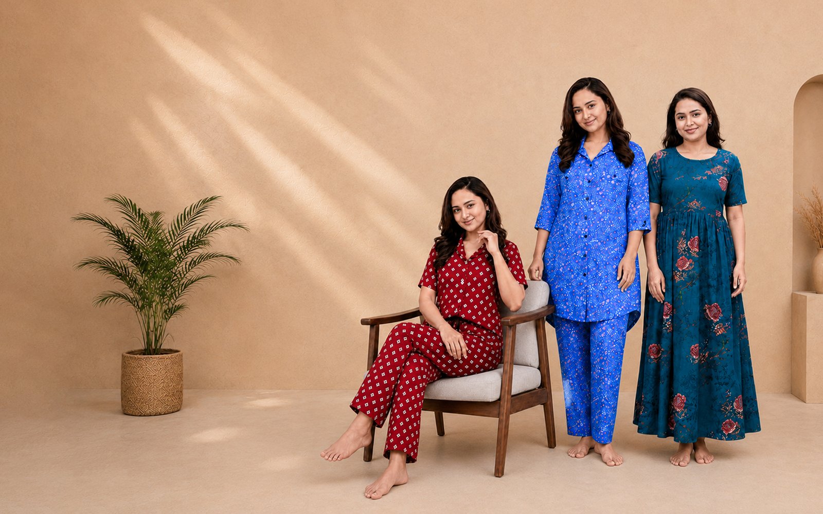 Woman wearing an ivory and navy printed co-ord set from AK STYLE